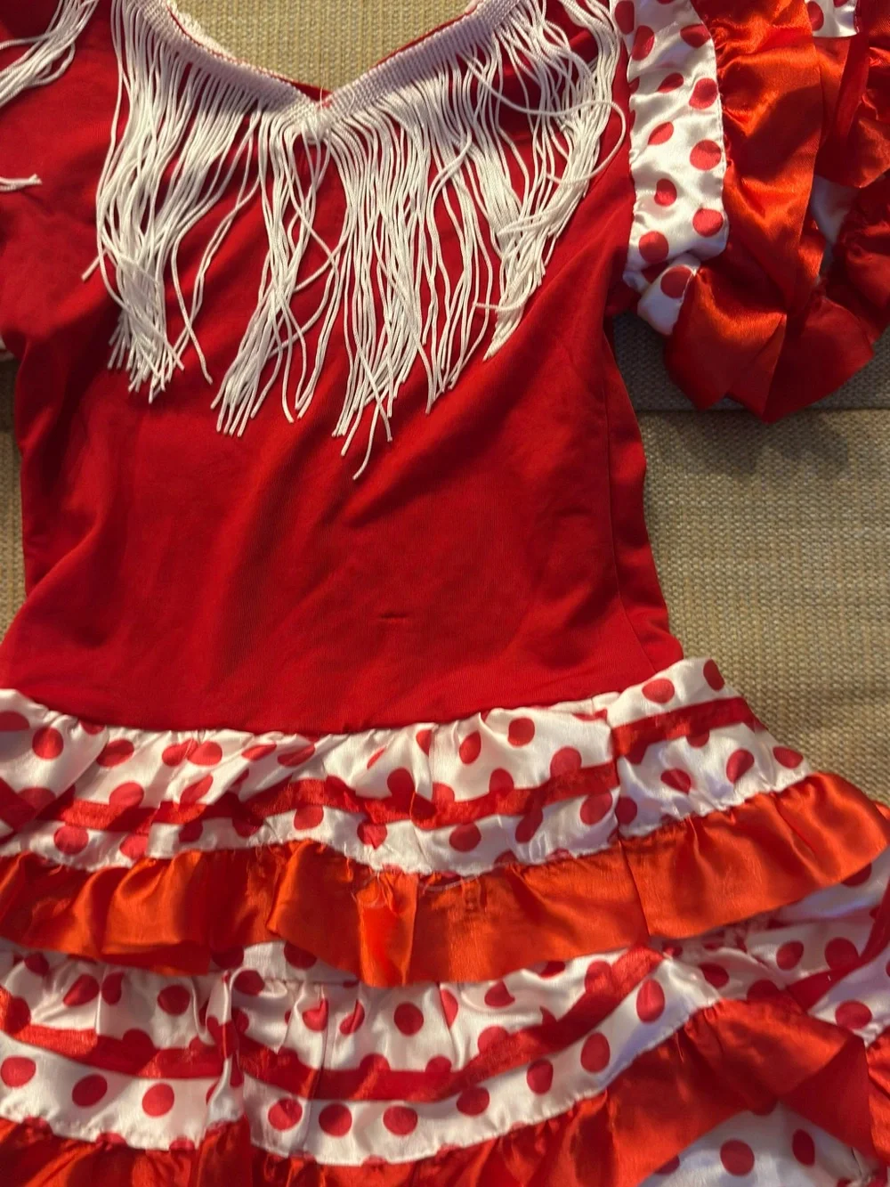 Kids Red Flamenco Polka Dot Dance Costume with White Fringe